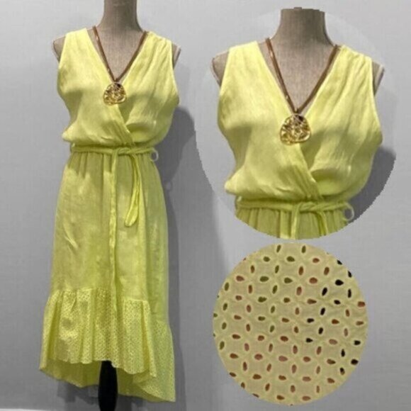Via Signora Neon Yellow Linen Maxi Dress Medium fit - Picture 2 of 16